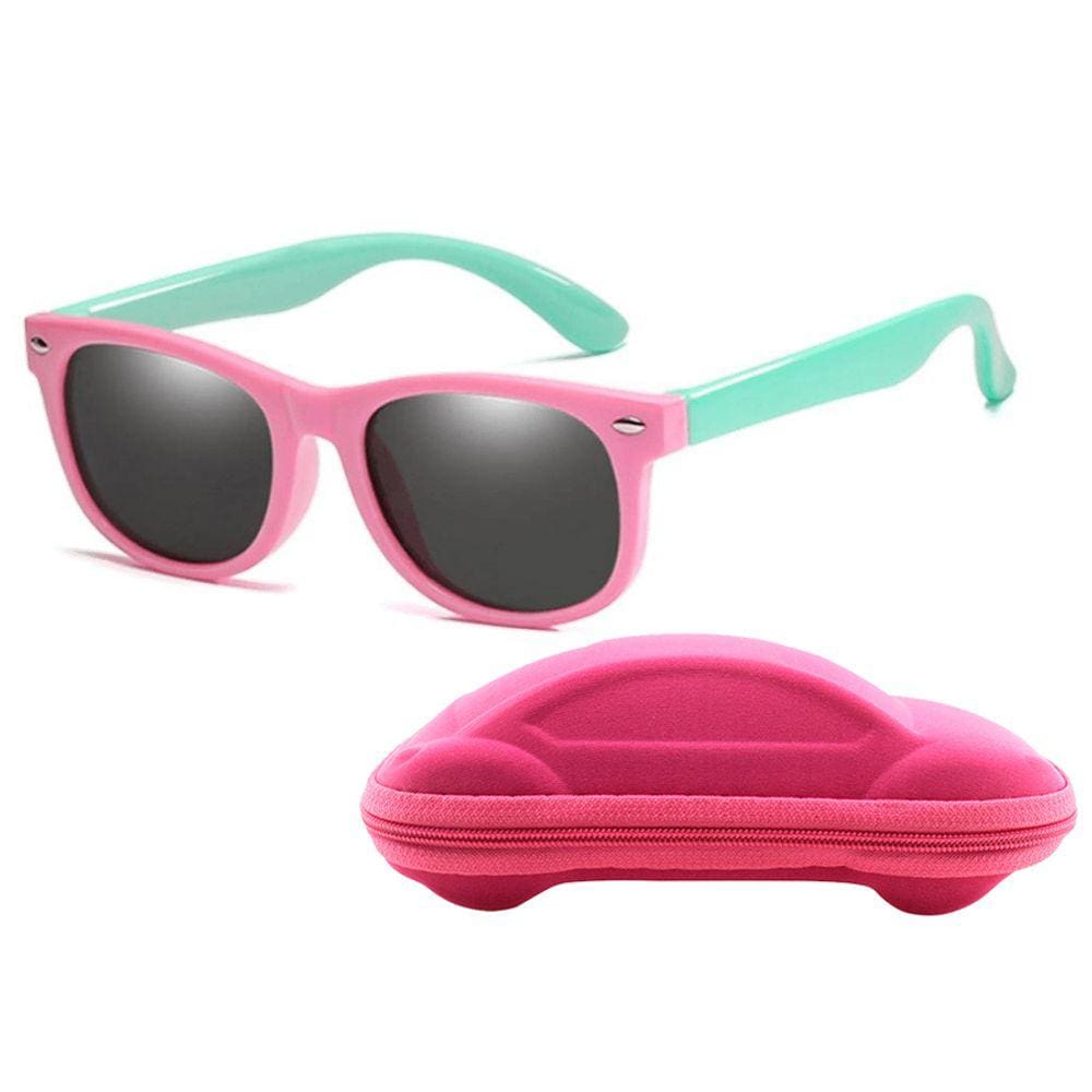 Óculos de Sol Flexível Infantil + Case Carrinho Rosa e Verde Água