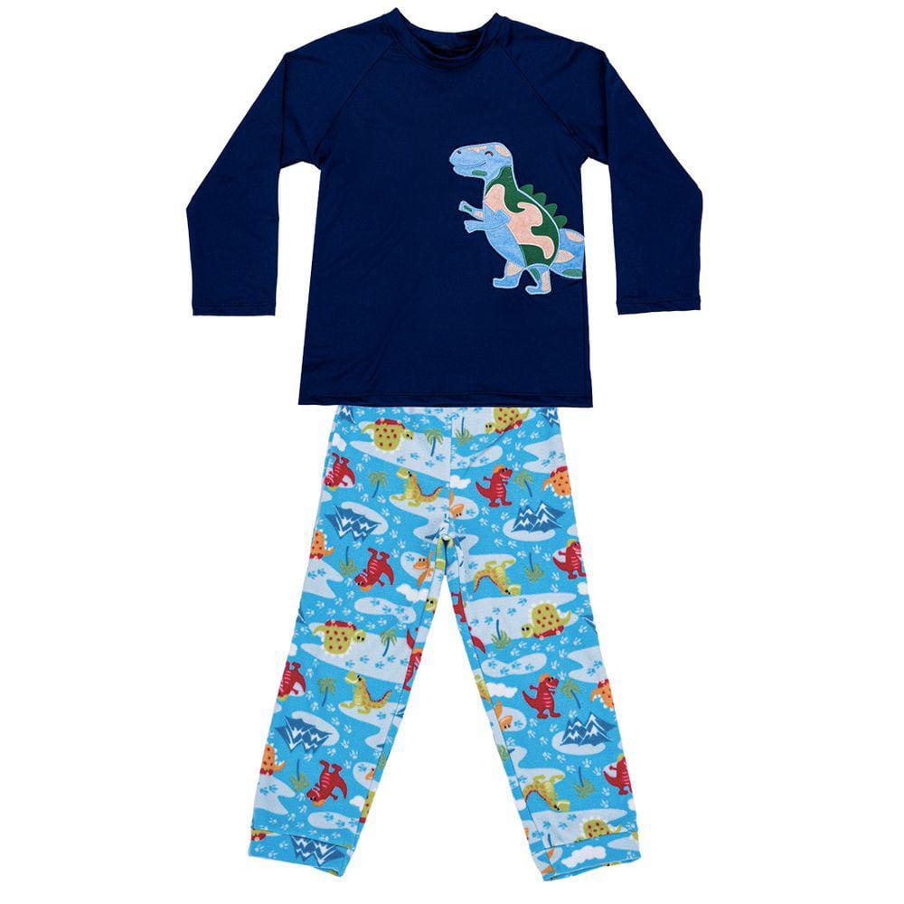 Pijama Infantil Camiseta Térmica e Calça em Soft Dinossauros Azul Everly
