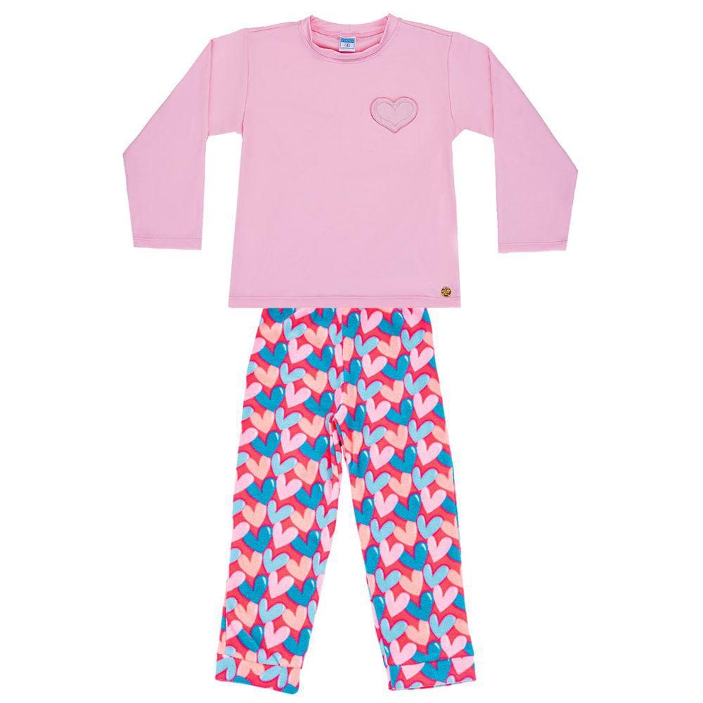 Pijama Infantil Camiseta Térmica e Calça em Soft Corações Rosa Everly