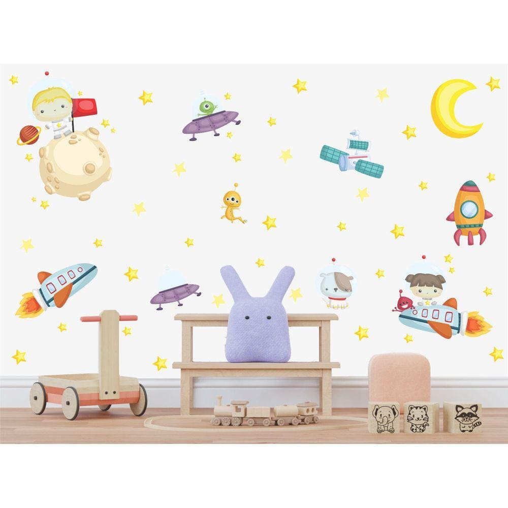 Adesivo De Parede Infantil Astronautas Galaxia E Planetas