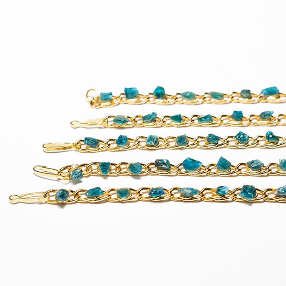 Pulseira Corrente Apatita Azul Natural Dourado Pedra