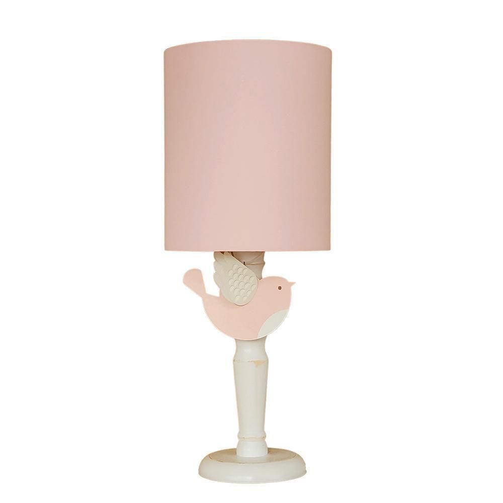 Abajur Infantil Passarinho Rosa Base Branco Provençal 20X49