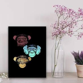 Quadro Três Macacos Sábios 33X24Cm - Com Vidro Preta