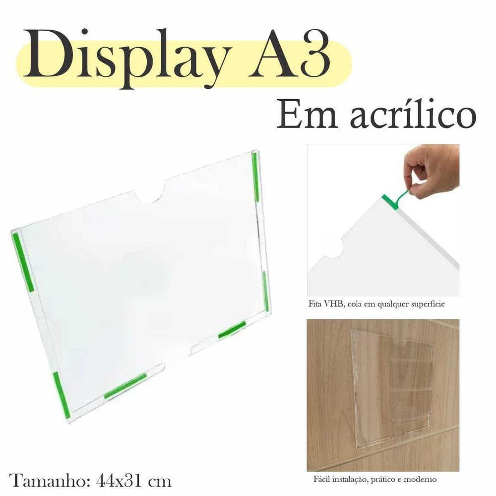 2 Display Parede Quadro Avisos Porta Folha A3 Acrílico Horiz