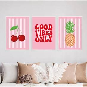 Kit 3 Quadros Cereja Abacaxi Good Vibes 45X34Cm Branca