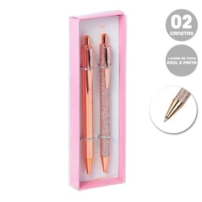 Kit Canetas Esferográficas Metálica Rose Gold E Glitter Brw