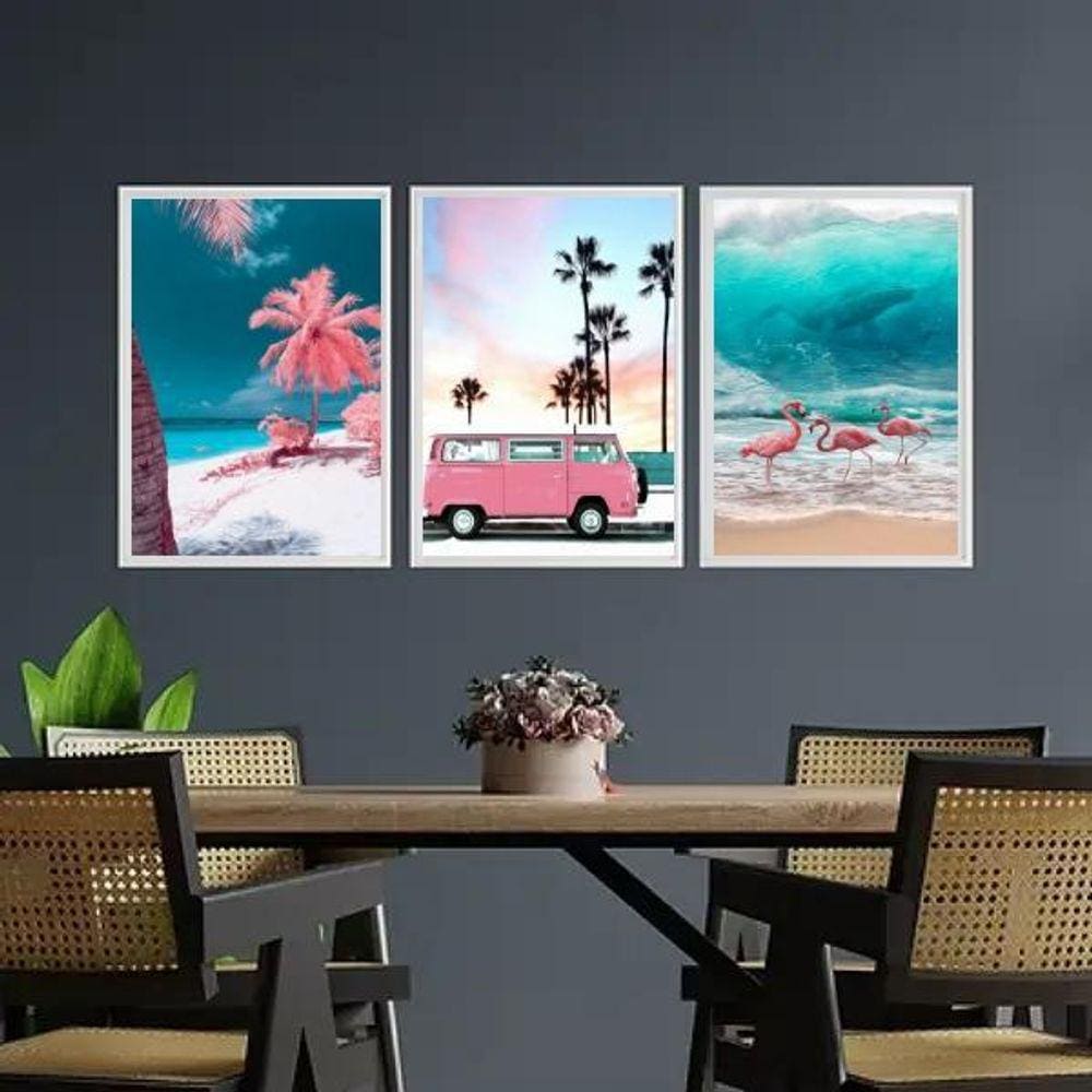Kit 3 Quadros Praia Kombi Rosa 33X24Cm Madeira Branca