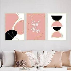 Kit 3 Quadros Abstratos Girl Boss Rosa 45X34Cm Vidro Branca