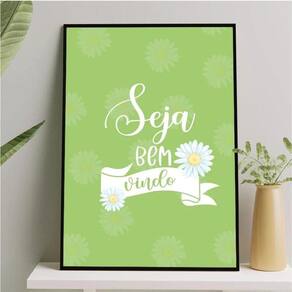 Quadro Seja Bem Vindo - Margaridas 33X24Cm - Com Vidro Preta