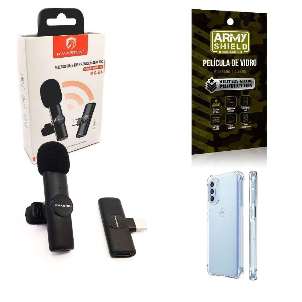 Kit Microfone Sem Fio + Capinha Motorola G52 E Película 3D