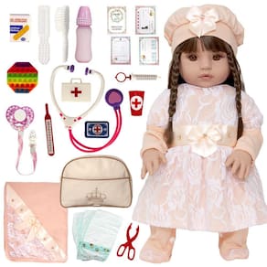 Boneca Bebê Silicone Cabelos Castanhos Roupa Salmão + Itens