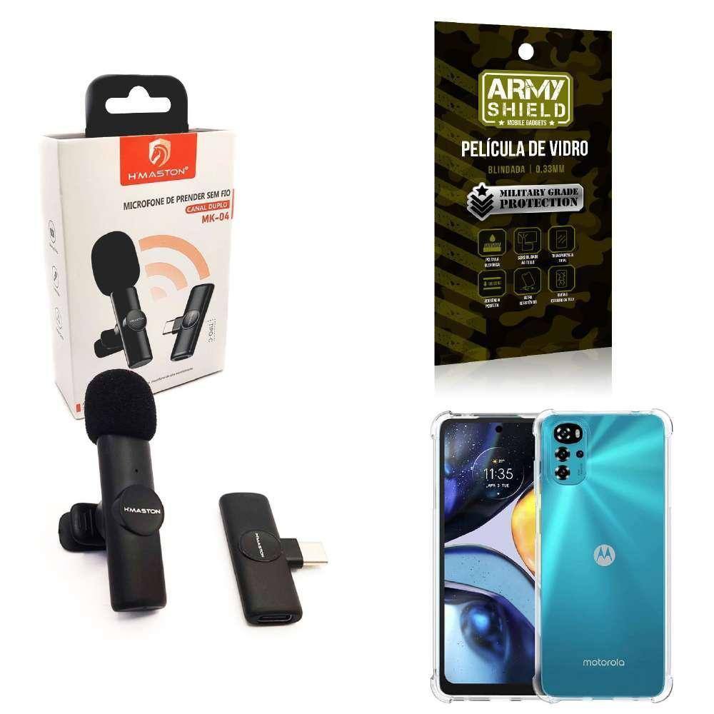 Kit Microfone Sem Fio + Capinha Motorola G22 E Película 3D