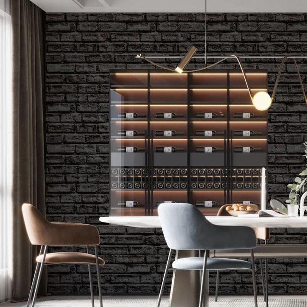 Kit 5 Rolos Papel De Parede Adesivo Tijolo Preto Dark 3,0M