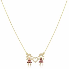 Colar Gargantilha Duas Meninas Filhas Banhado A Ouro 18K