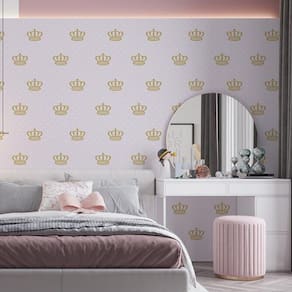 Kit 7 Rolos Papel De Parede Adesivo Rosa Coroa Dourada 3,0M