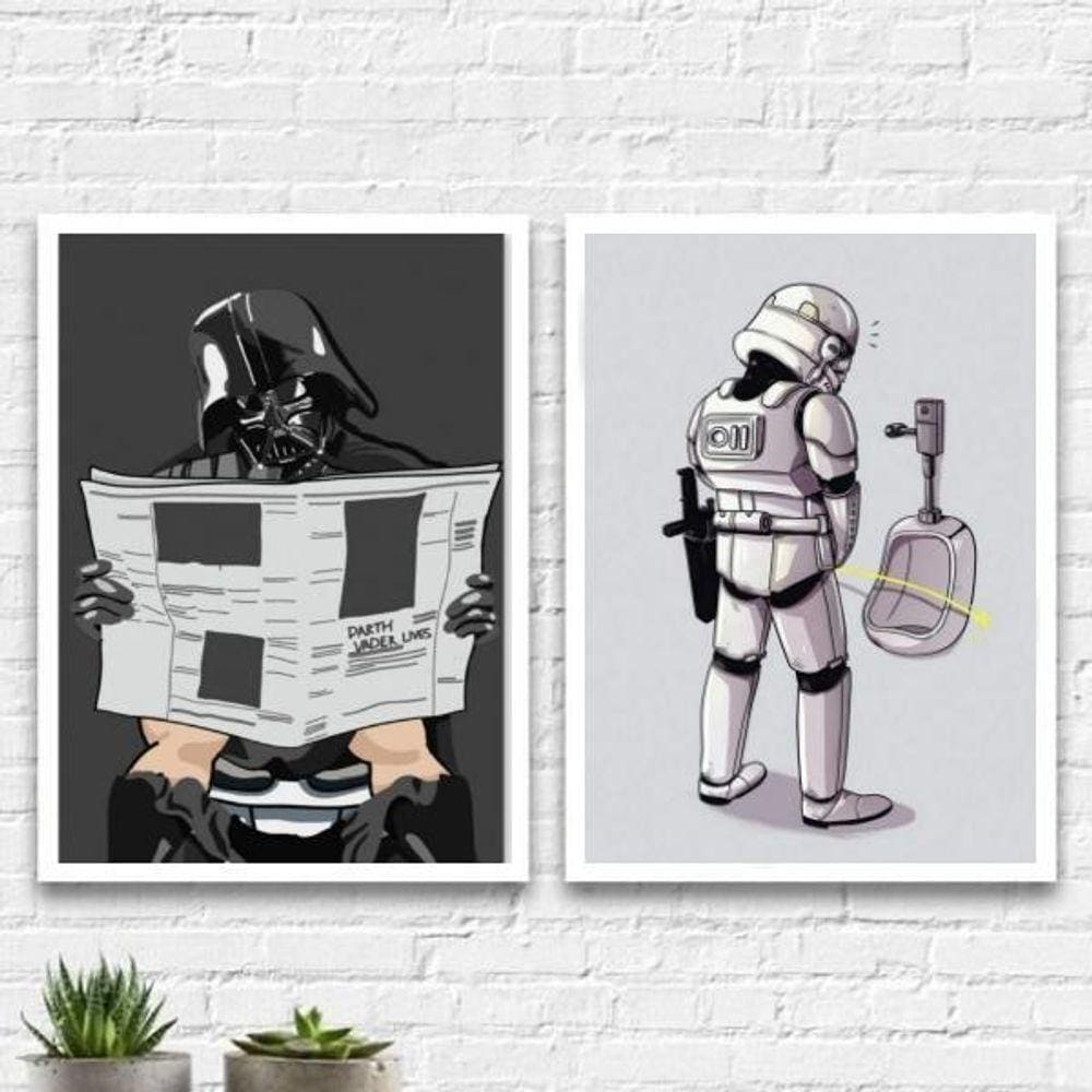 Kit Quadros Divertidos Banheiro Masculino 33X24 Vidro Branca