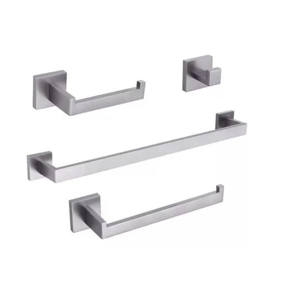 Kit Acessórios Banheiro Prata Inox 304 Escovado Luxo 4 Peças