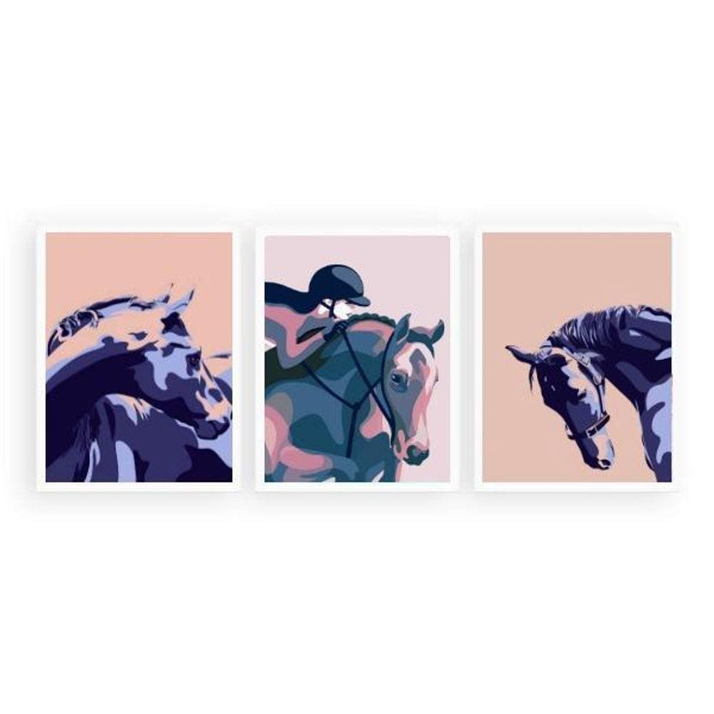 Kit 3 Quadros Cavalos Amazona 24X18Cm