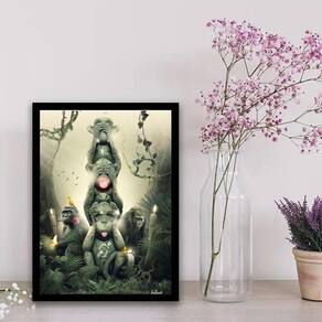 Quadro Três Macacos Sábios Modernos 45X34Cm Com Vidro Preta