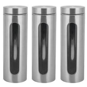 Kit 3 Potes Para Mantimentos Inox E Vidro Com Visor 1750Ml