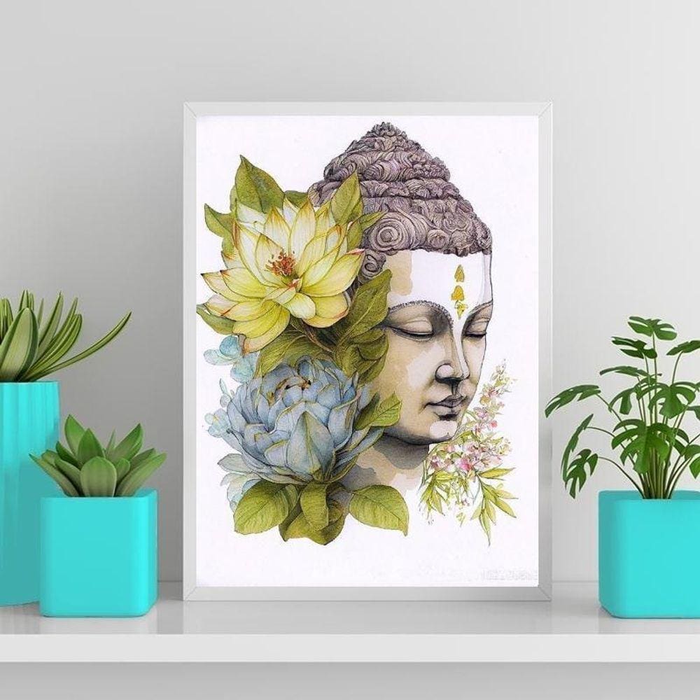 Quadro Aquarela Buda Com Flores 45X34Cm - Com Vidro Branca