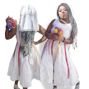 Vestido Festa Junina Noiva Adulta Sem Manga com Faixa e Véu