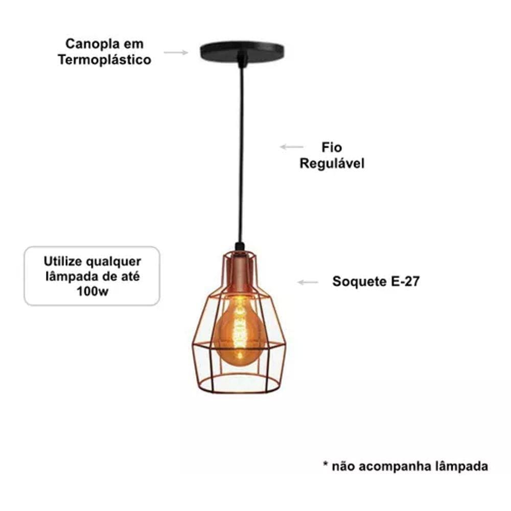 Lustre Pendente Aramado Retrô Lanterna Rosé De 1m