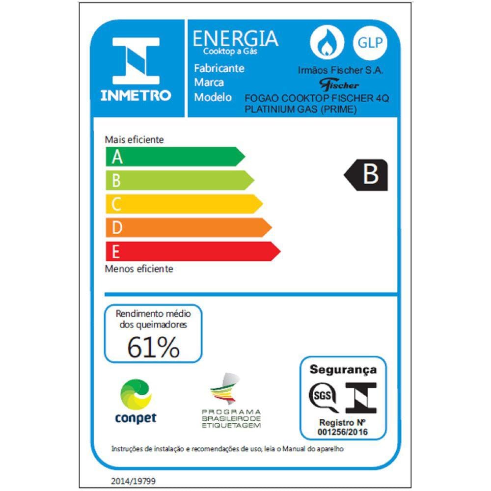 Cooktop 4 Bocas a Gas Bivolt Platinium Prime Fischer Cinza