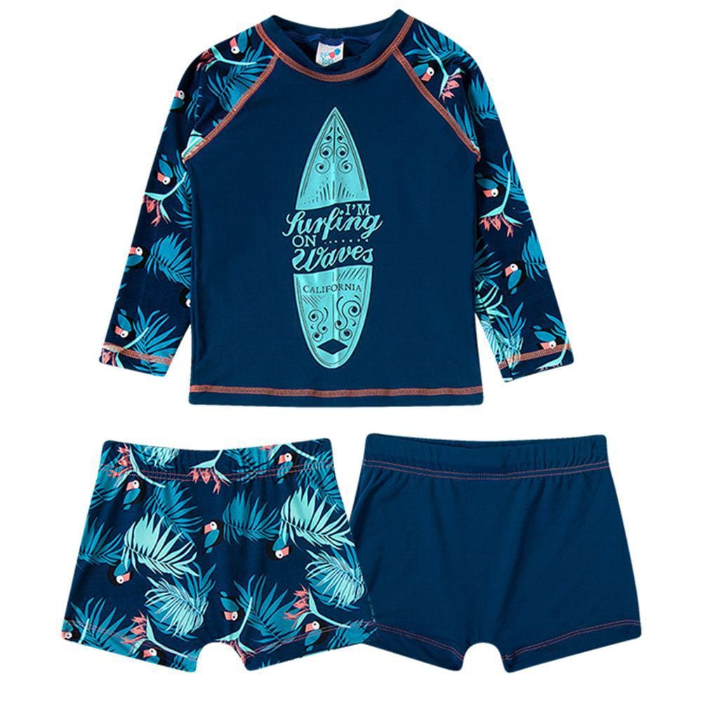 Conjunto Praia Infantil Camiseta e 2 Sungas Folhagem Tucano Azul Médio Tip Top