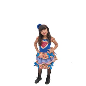 Vestido Festa Junina Infantil Azul Flor Caipira + Tiara