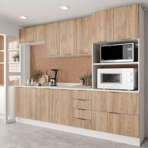 Cozinha Modulada 5 Peças com Tampo 2 Aéreos e 2 Balcões 1 Torre Quente Ipanema CabeCasa MadeiraMadeira Acácia/Branco