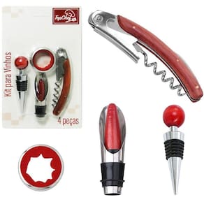 Saca Rolha Kit Vinho Tampa Arejador Corta Gotas 4 Pçs
