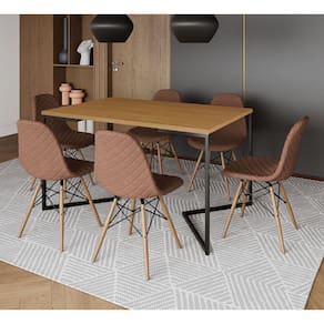 Mesa Industrial Retangular Base V Aço Preto 137x90cm Canela 6 Cadeiras Madeira Estofadas Caramelo