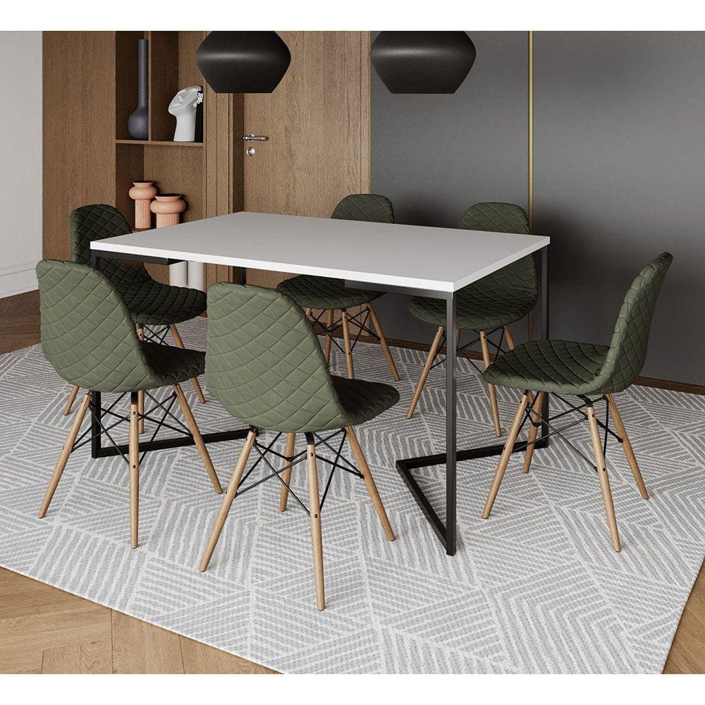 Mesa Industrial Retangular Base V Aço Preto 137x90cm Branca 6 Cadeiras Madeira Estofadas Verde