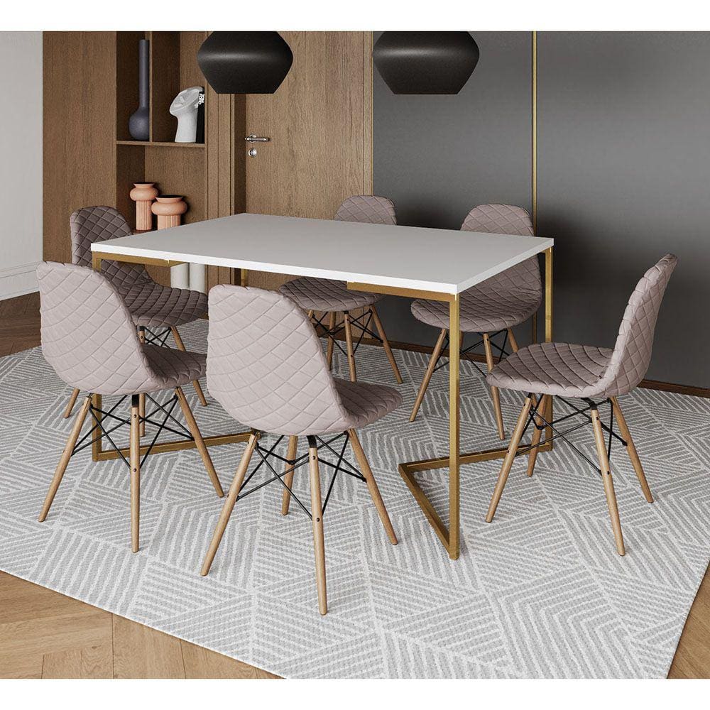 Mesa Industrial Retangular Branca Base V Dourada 137x90cm 6 Cadeiras Eames Madeira Estofadas Nude Mé