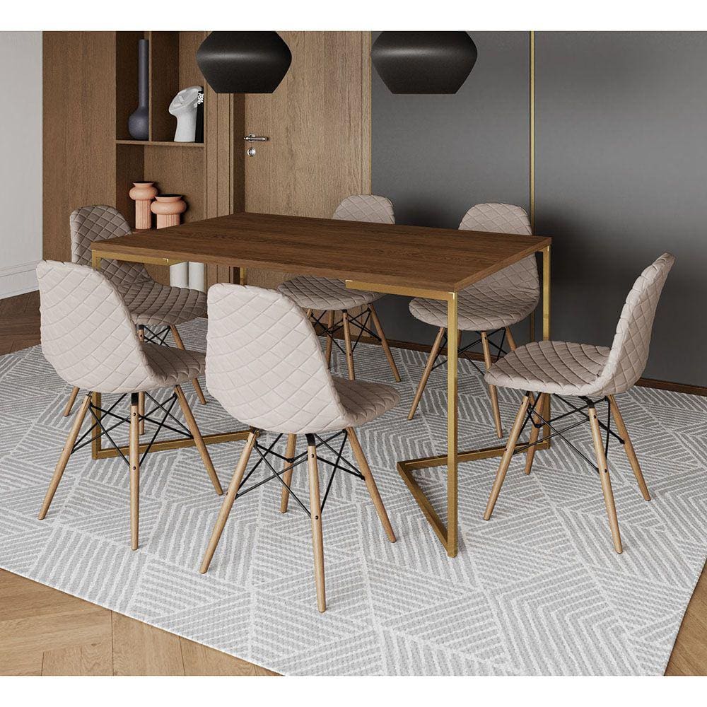 Mesa Industrial Retangular Amêndoa Base V Dourada 137x90cm C/ 6 Cadeiras Madeira Estofadas Nude Clar