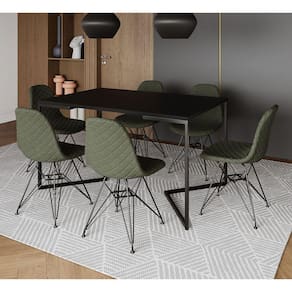 Mesa Industrial Retangular Base V 137x90cm Preta C/ 6 Cadeiras Estofadas Eames Verde Aço Preto