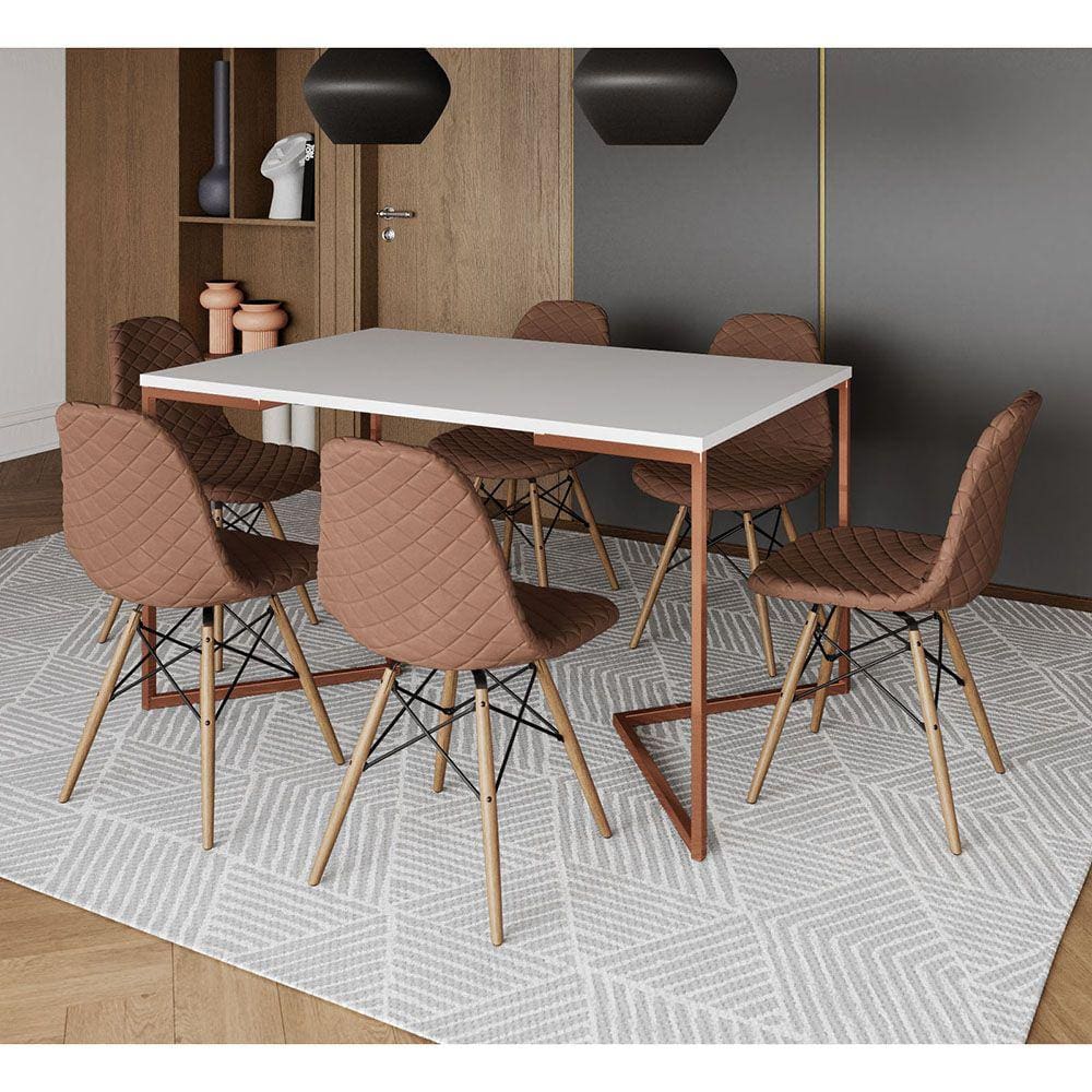 Mesa Industrial Retangular Branca Base V Cobre 137x90cm com 6 Cadeiras Madeira Estofadas Caramelo