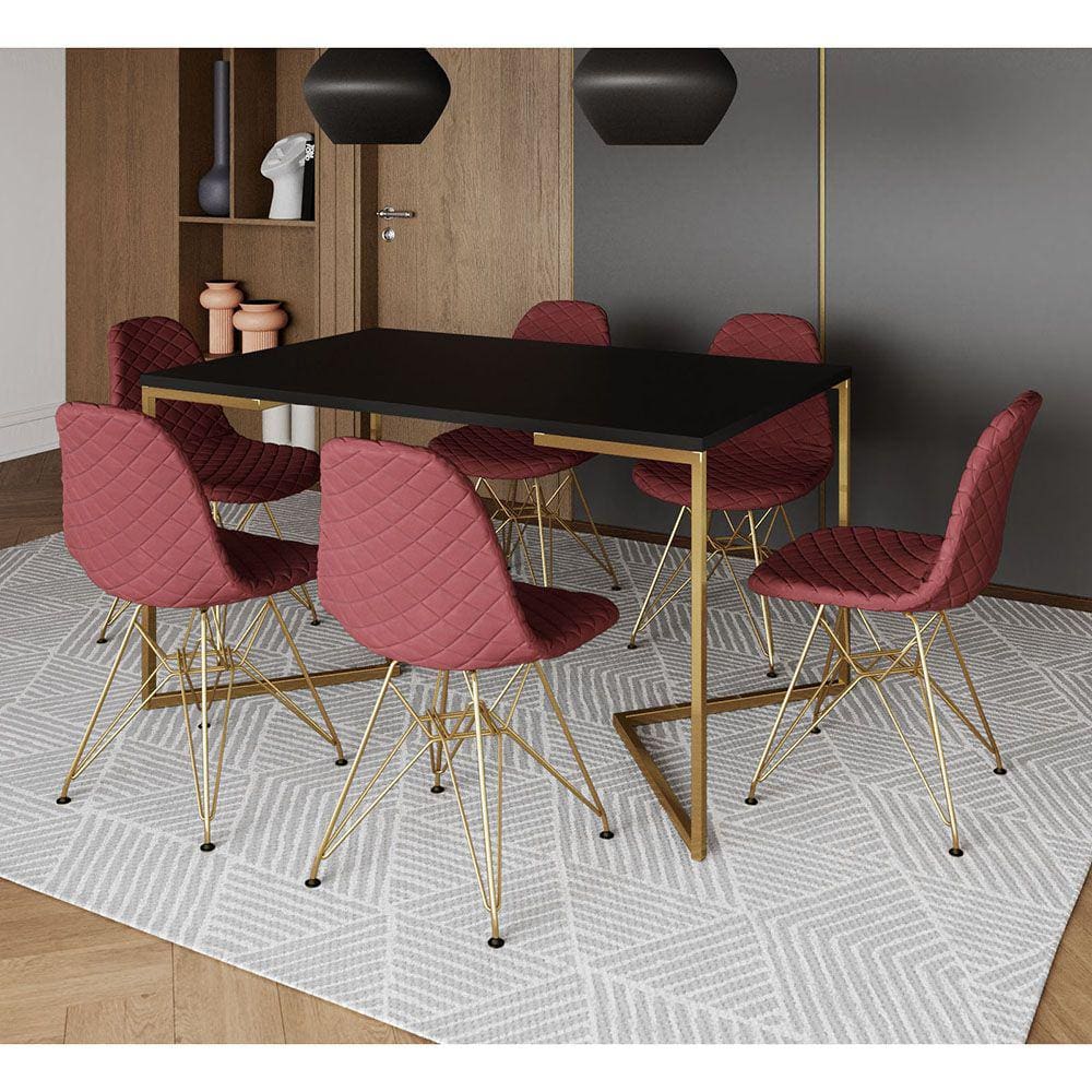 Mesa Industrial Retangular Preta Base V Dourada 137x90cm 6 Cadeiras Estofadas Vermelhas Dourada