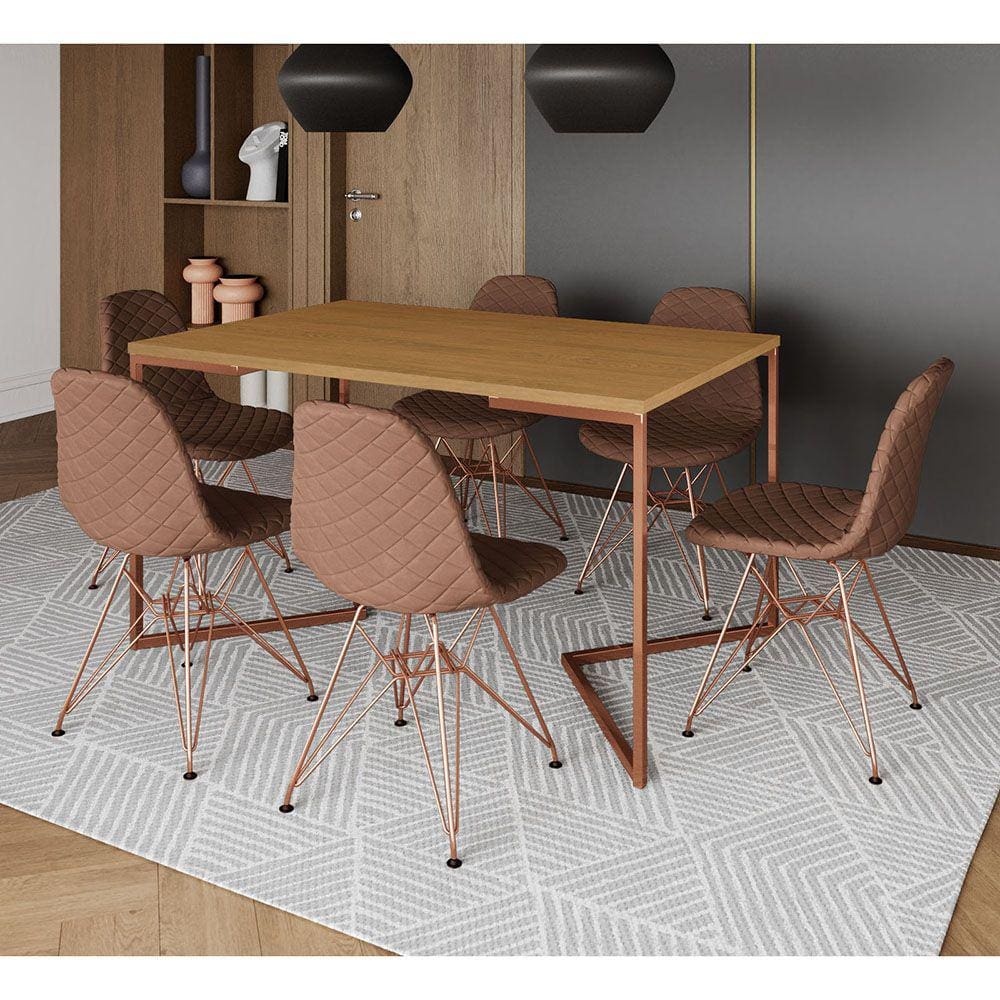 Mesa Industrial Retangular Canela Base V Cobre 137x90cm C/ 6 Cadeiras Estofadas Caramelo Cobre