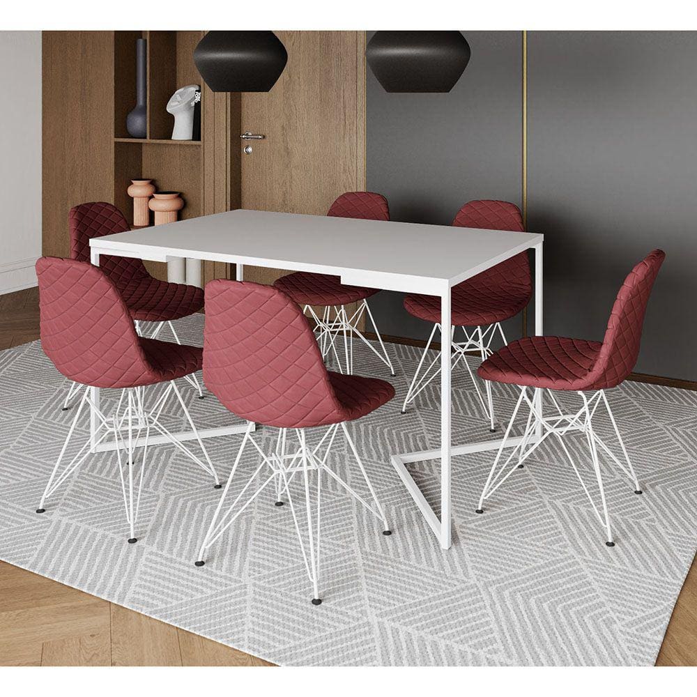 Mesa Industrial Retangular Branca Base V 137x90cm C/ 6 Cadeiras Estofadas Vermelho Eiffel Aço Branco