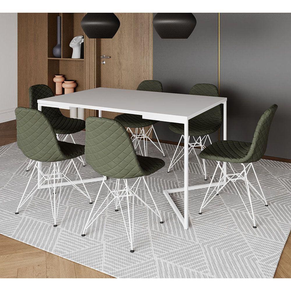 Mesa Industrial Retangular Branca Base V 137x90cm C/ 6 Cadeiras Estofadas Verdes Eiffel Aço Branco