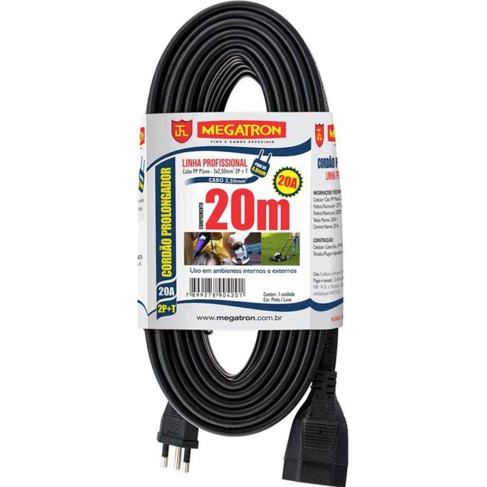 Cordao Prolongador Pp 3X2,50X20,00Mt 2P+T 20A/250V Pt Megatr