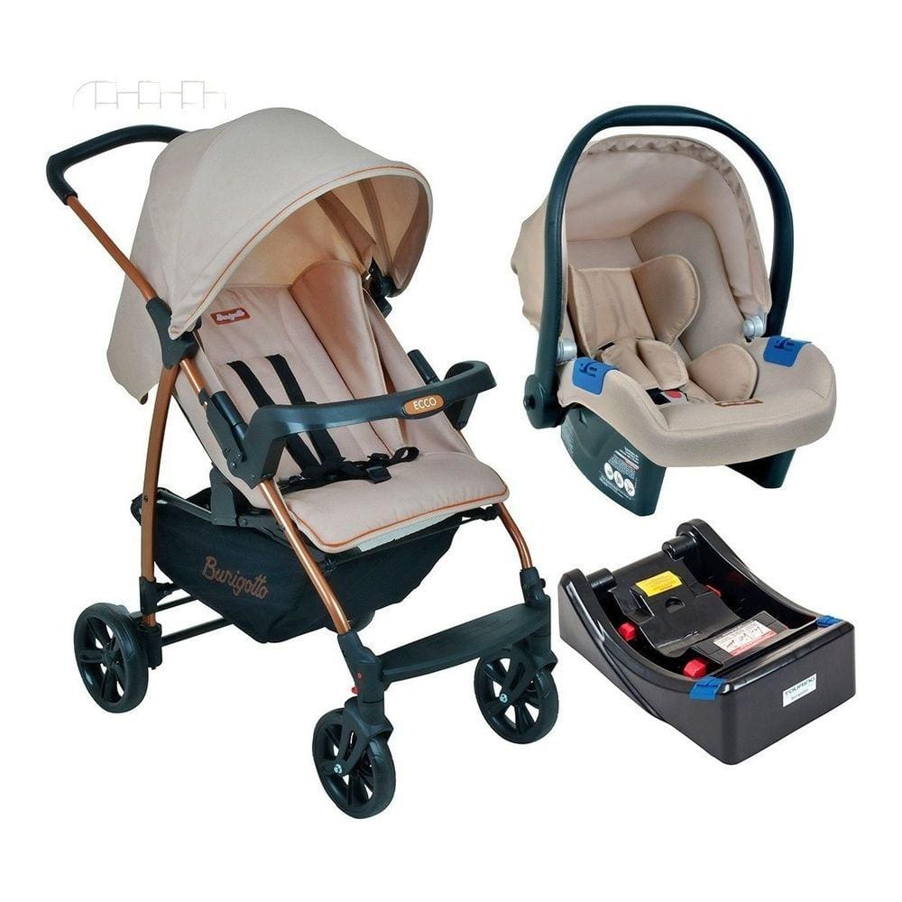 Carrinho Ecco Bege Burigotto + Bebê Conforto Touring X + Base