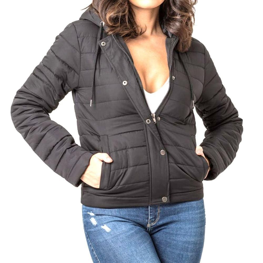Jaqueta Feminina Nylon Preta Com Capuz e Zíper Zune