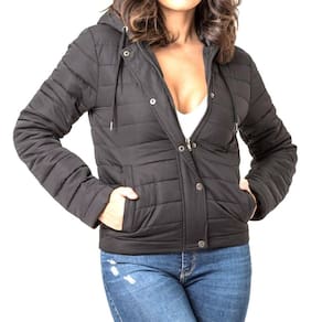 Jaqueta Feminina Nylon Preta Com Capuz e Zíper Zune