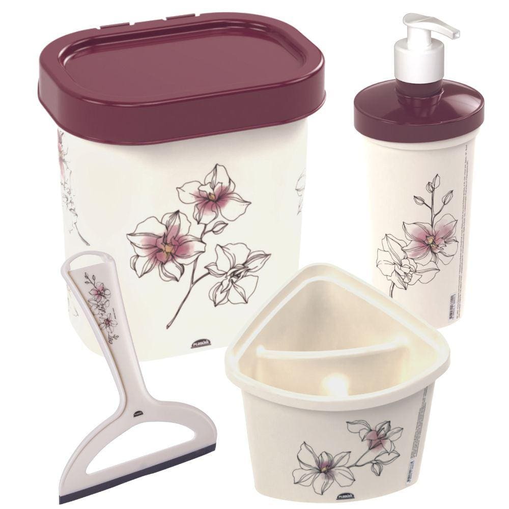 Kit Completo Decorado para Organização Pia: Lixeira, Porta Detergente, Rodinho e Escorredor de Talheres vinho Plasutil
