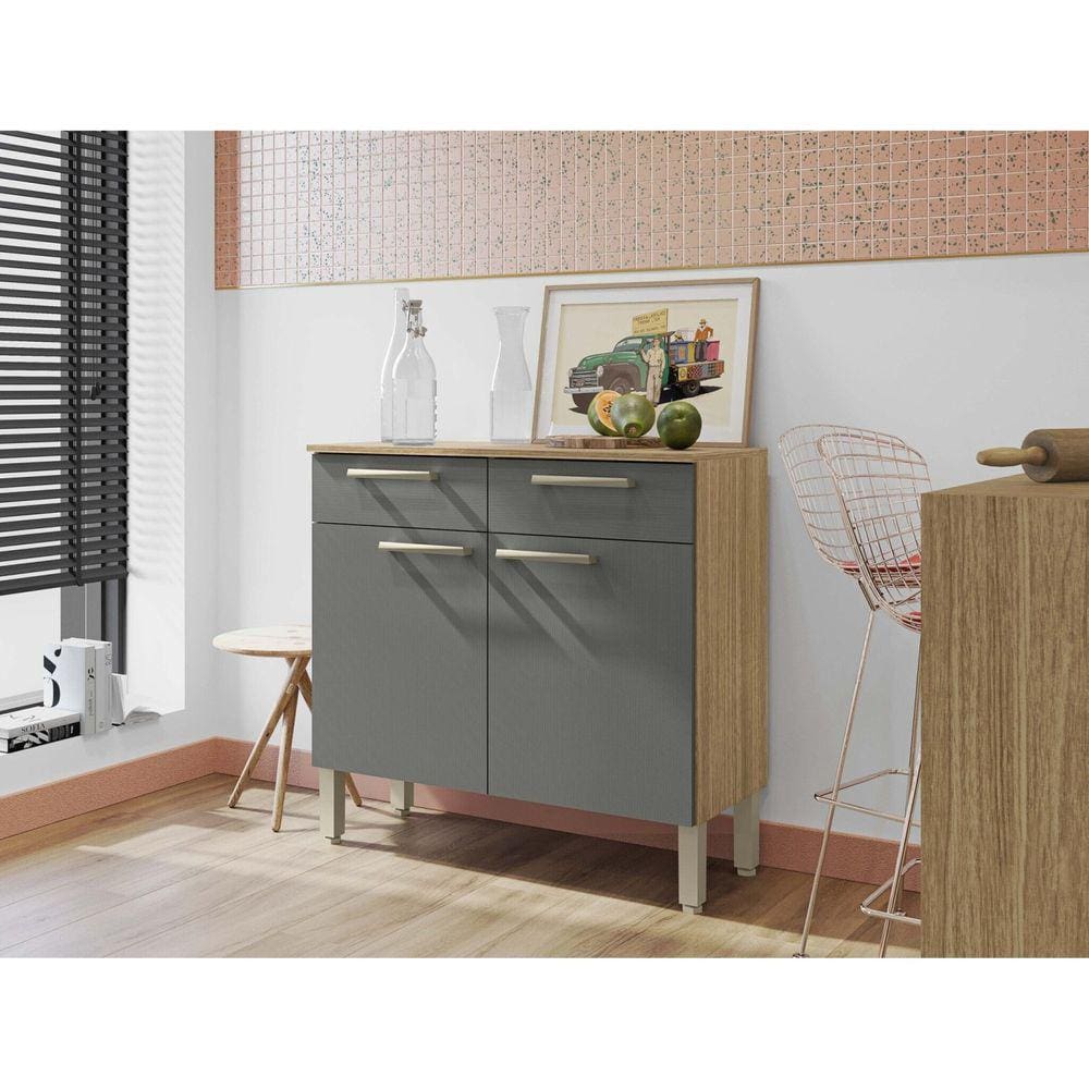 Balcão de Cozinha 2 Portas 2 Gavetas 90,9cm Nala Kits Paraná Freijó/Gris