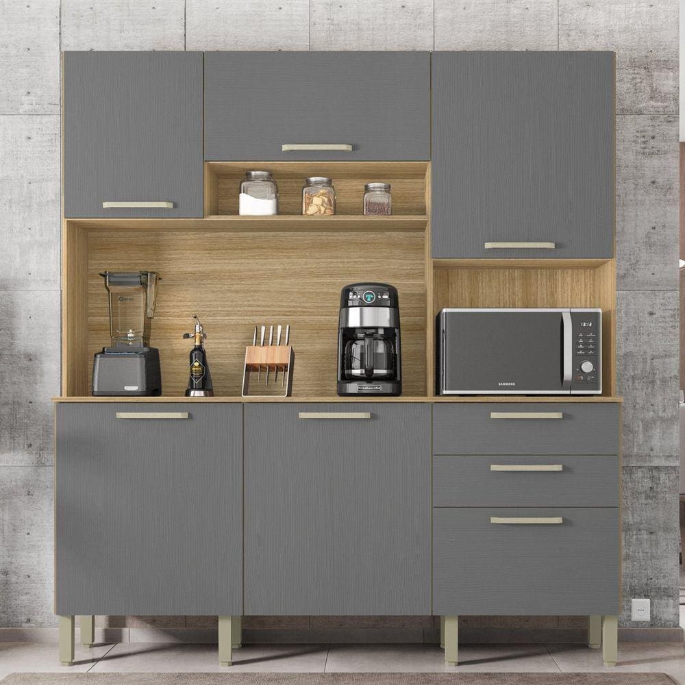 Armário de Cozinha 6 Portas 2 Gavetas Ferrara Kits Paraná Freijó/Gris