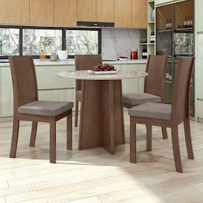 Conjunto Mesa Celebrare 100x100cm Tampo MDF 4 Cadeiras Athenas Móveis Lopas Amendoa Clean/Off White/Suede Animale Bege